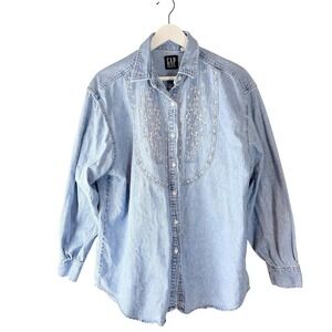 Gap Denim Vintage Embroidered Floral Button Down Shirt Light Wash Blue Womens L